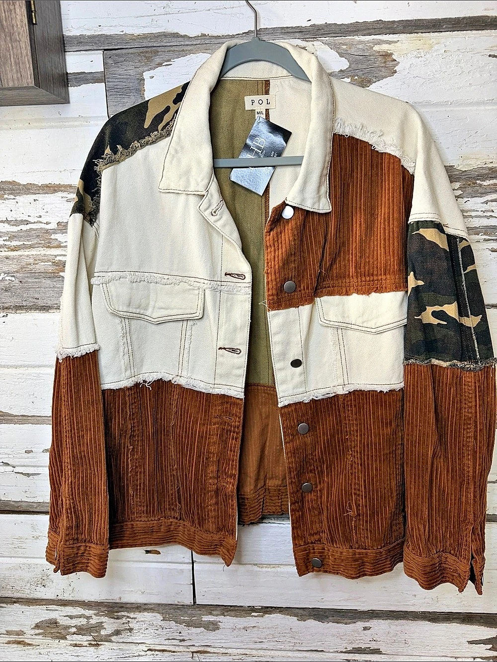 POL Patchwork Utility Jacket Shacket Camo Corduroy Brown & Cream M/L ((1130 A